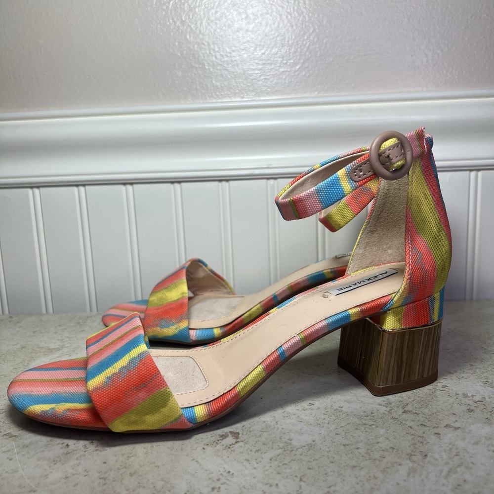 Alex Marie Striped Fabric Ankle Strap Block Heel Sandal Multi-Color Summer 8M
